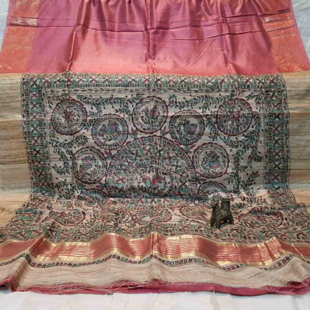 Tussar Ghicha Saree with Staple Jari Border and Madhubani Print in Pink